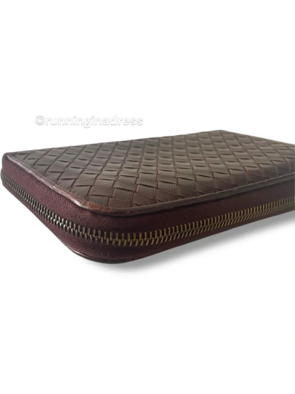 Bottega Veneta Intrecciato Leather Long Zip Around Wallet Metallic Copper Brown